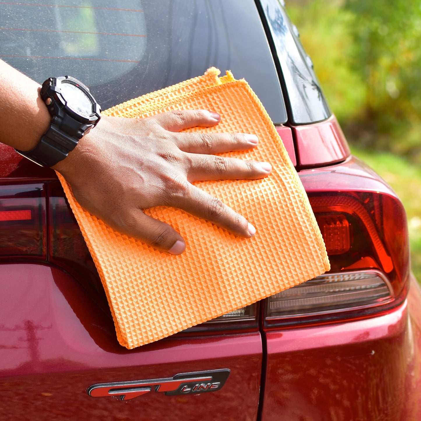 CARBINIC Waffle Microfiber Car Cleaning Cloth | Super Absorbent Car Cleaning Accessories | Multipurpose Cleaning Duster for Interior & Exterior Care | Car Cleaning Kit | 300 GSM | Pack of 2, Orange